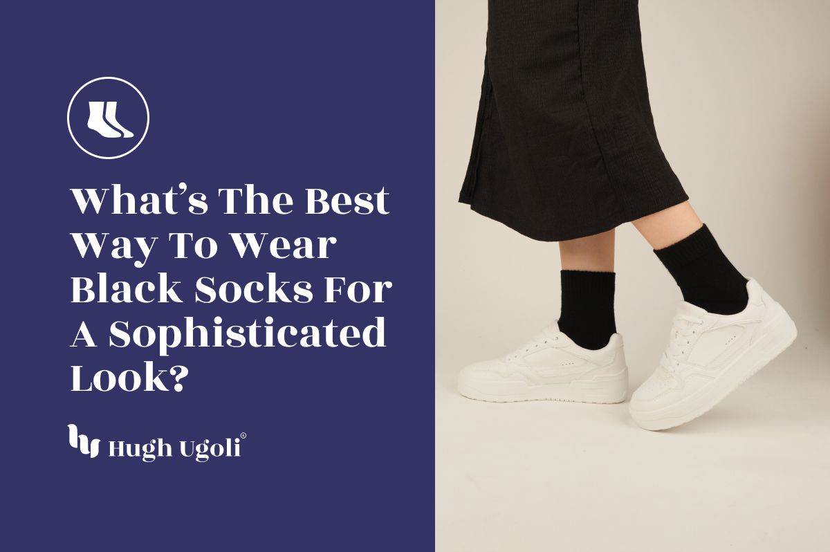 A person wearing black socks and white sneakers, paired with a black skirt, creating a sophisticated and modern look.